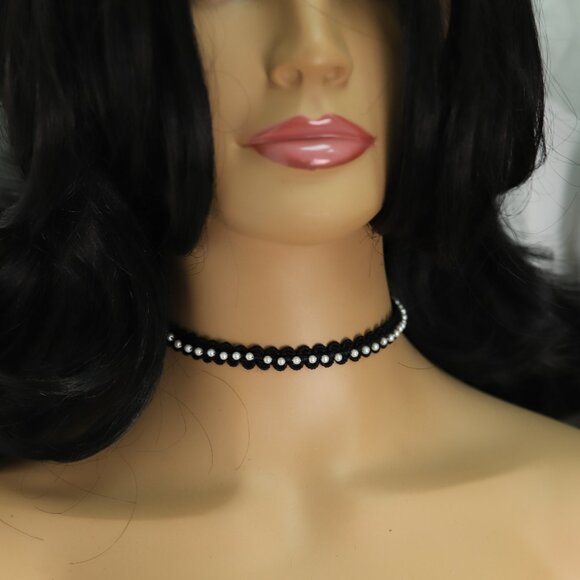 Pearl Black Choker Pearls fancy lace Chokers adjustable (#9) - Picture 6 of 11